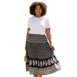 Chaps Ralph Lauren 100% Cotton Tiered Midi Skirt Black White Paisley 14